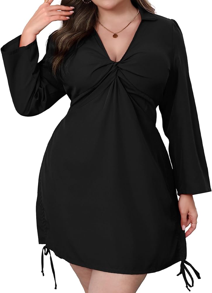 VillbeCoser Women's Plus Size Dress Long Sleeve V Neck A Line Mini