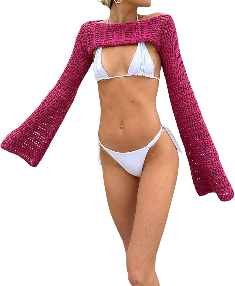 Women Crochet Crop Tops Long Sleeve Hollow-Out Cropped Knit