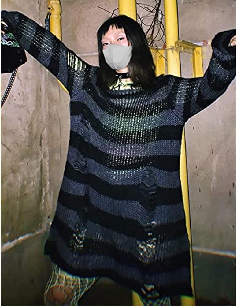 Y2K Goth Distressed Striped Sweater Oversized Fairy Grunge Ripped