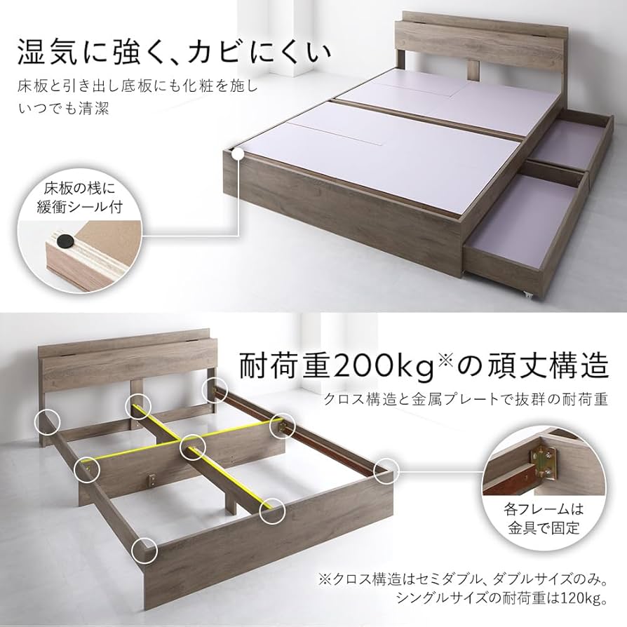 Amazon｜RASIK ベッド ダブル フレームのみ ホワイト 収納付き
