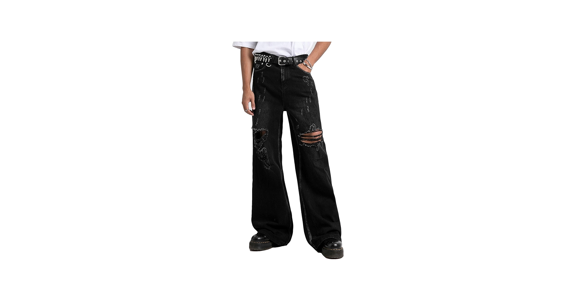 COOLMONAR Men's Baggy Jeans Ripped Black Wide Leg Distressed