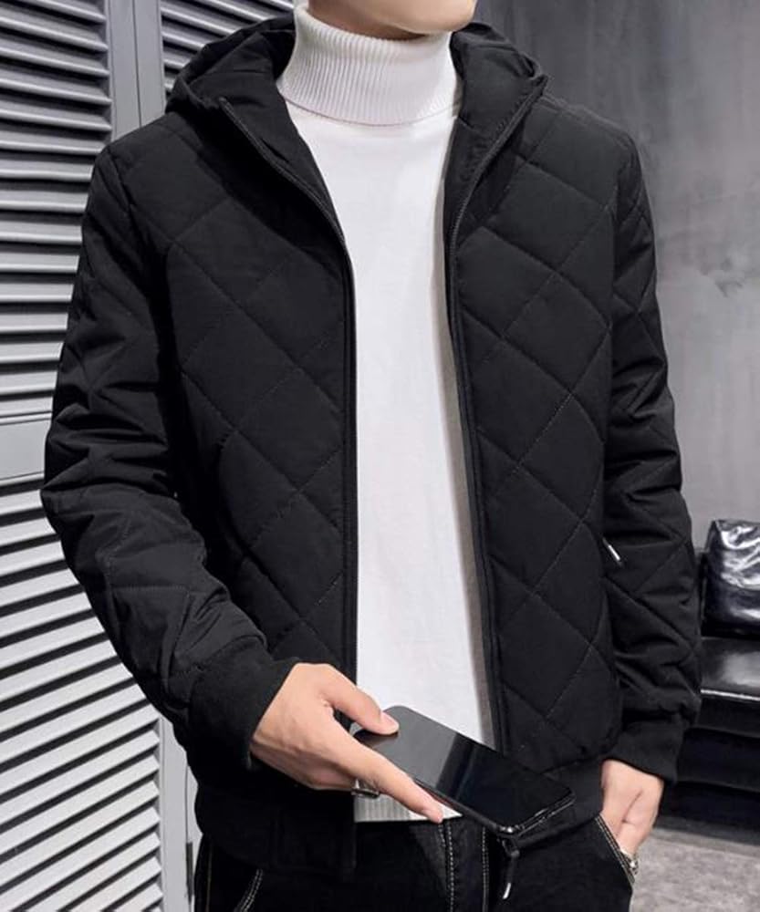 Amazon | [AOZUO] メンズ ダウンジャケット 黒 フード付き 綿服 ひし形