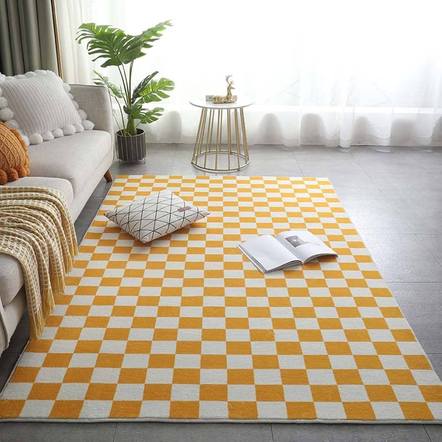 Amazon｜カーペット ラグ 長方形 100x140㎝ チェック柄 イエロー 北欧