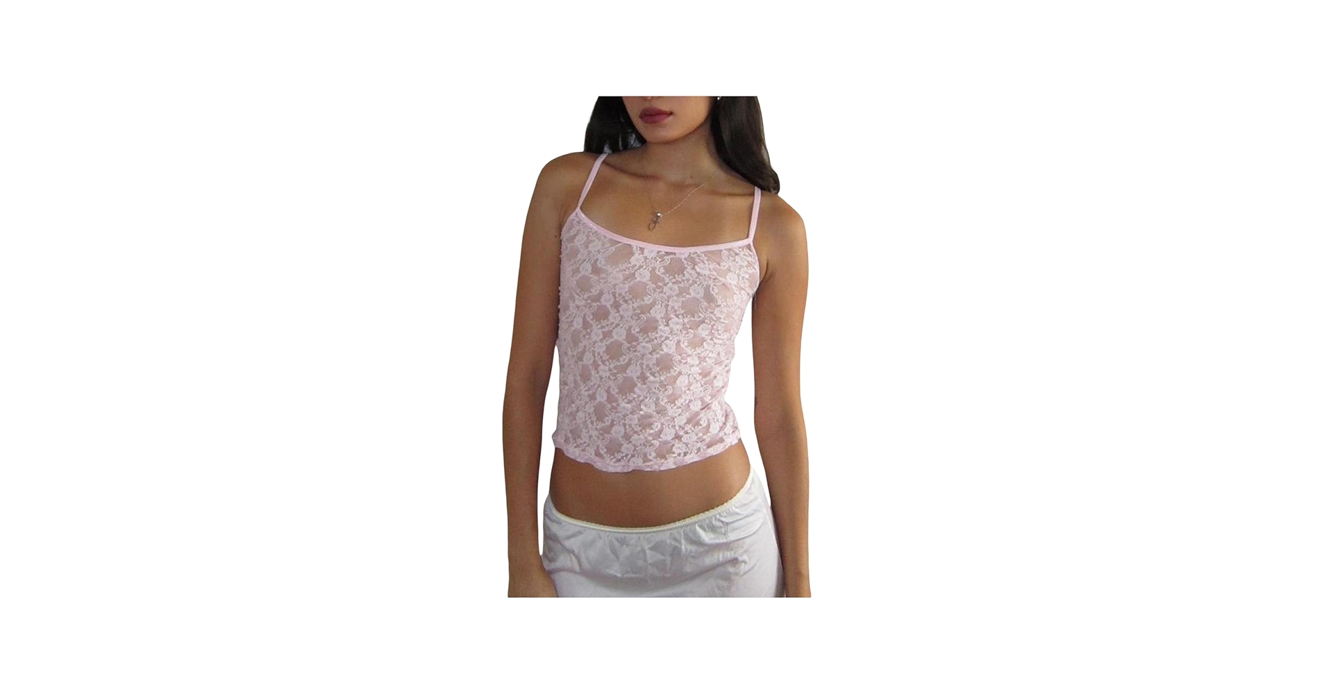Women Y2K Lace Cami Tank Top Sheer Mesh Spaghetti Strap Sleeveless