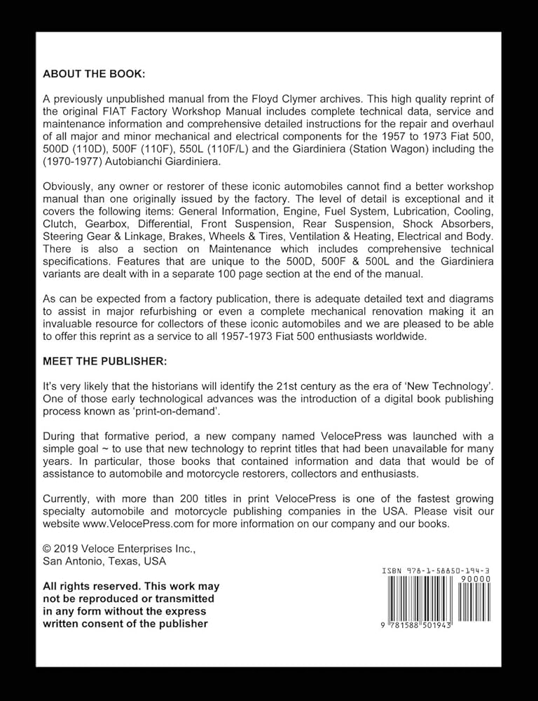 FIAT 500 オーナーズワークショップマニュアル 1957-1973 Amazon
