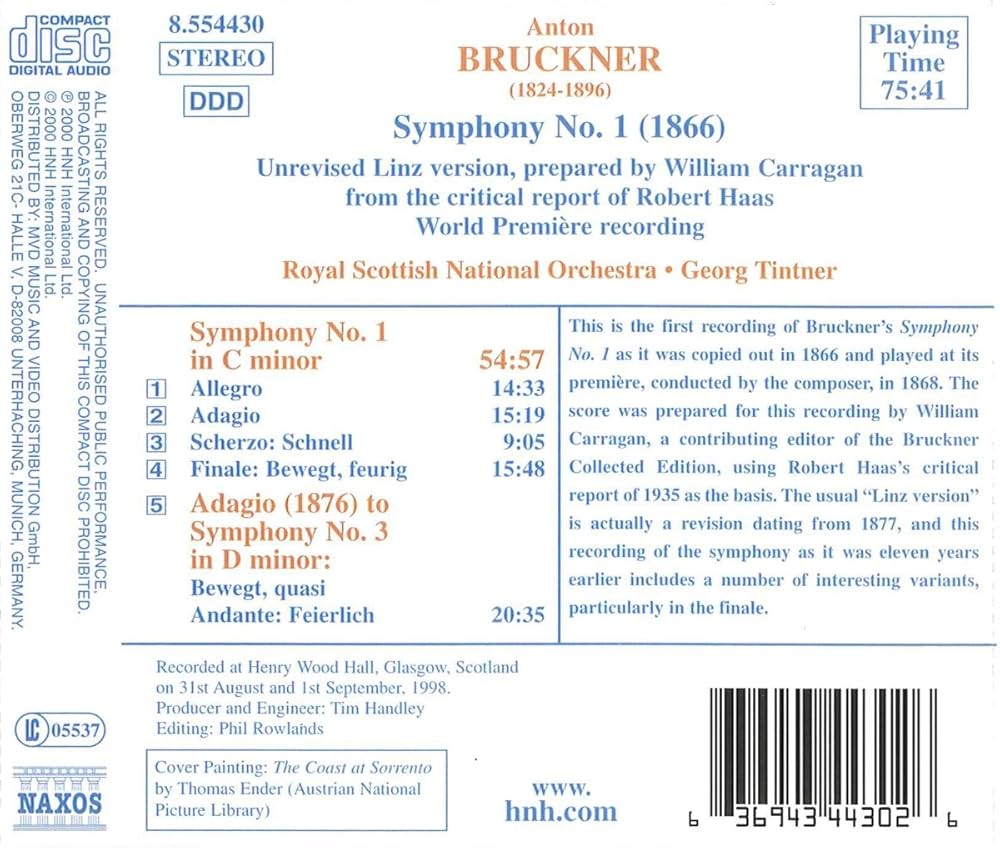 Amazon.com: Bruckner: Symphony No. 1 (1866 Linz Version, ed. Haas