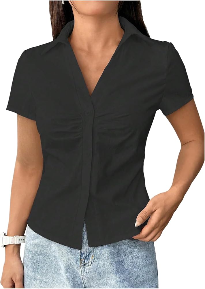 SweatyRocks Women's Ruched Button Up Blouses Collar V Neck Short