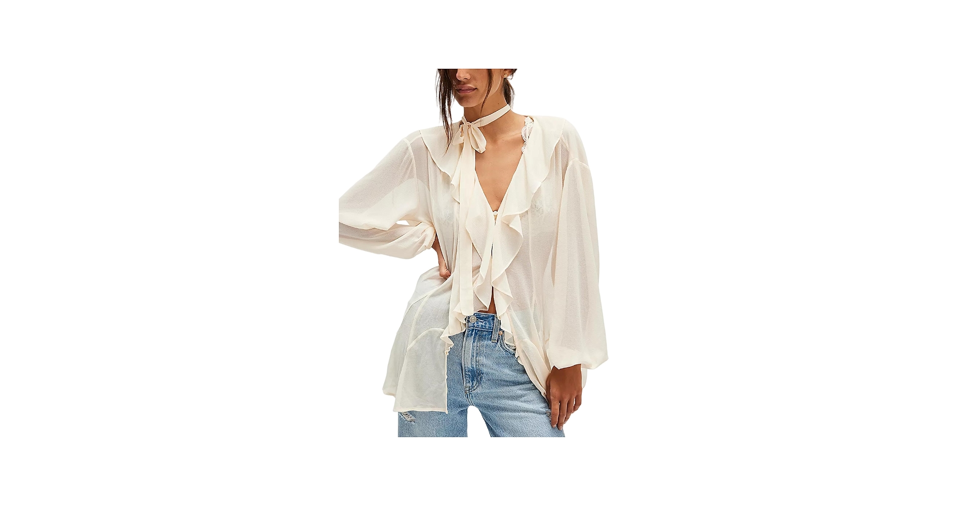 Y2k Ruffle Shirt Top Y2k Long Sleeve Front Tie Lace Chiffon Bow