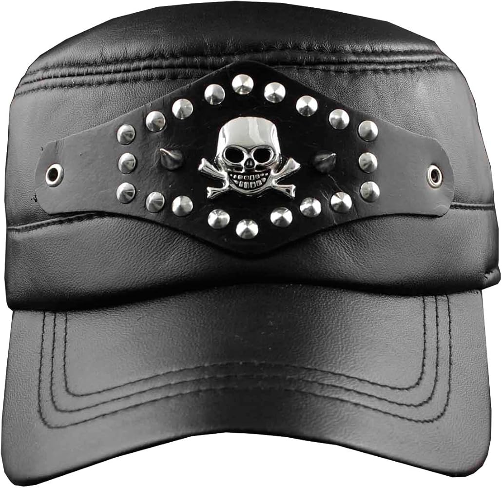 punkman2000 Leather Cap Biker hat Skull Studded Motorcycle Black