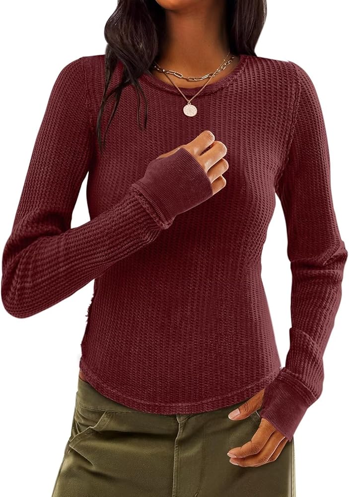 Micticsi Womens Waffle Knit Top Thermal Long Sleeve Shirts Fitted