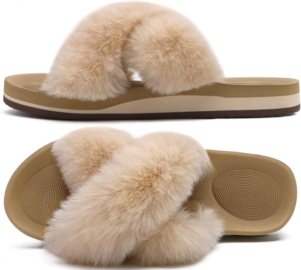 Amazon.com | COFACE Womens Fuzzy Slides Fluff Fax Fur Cross
