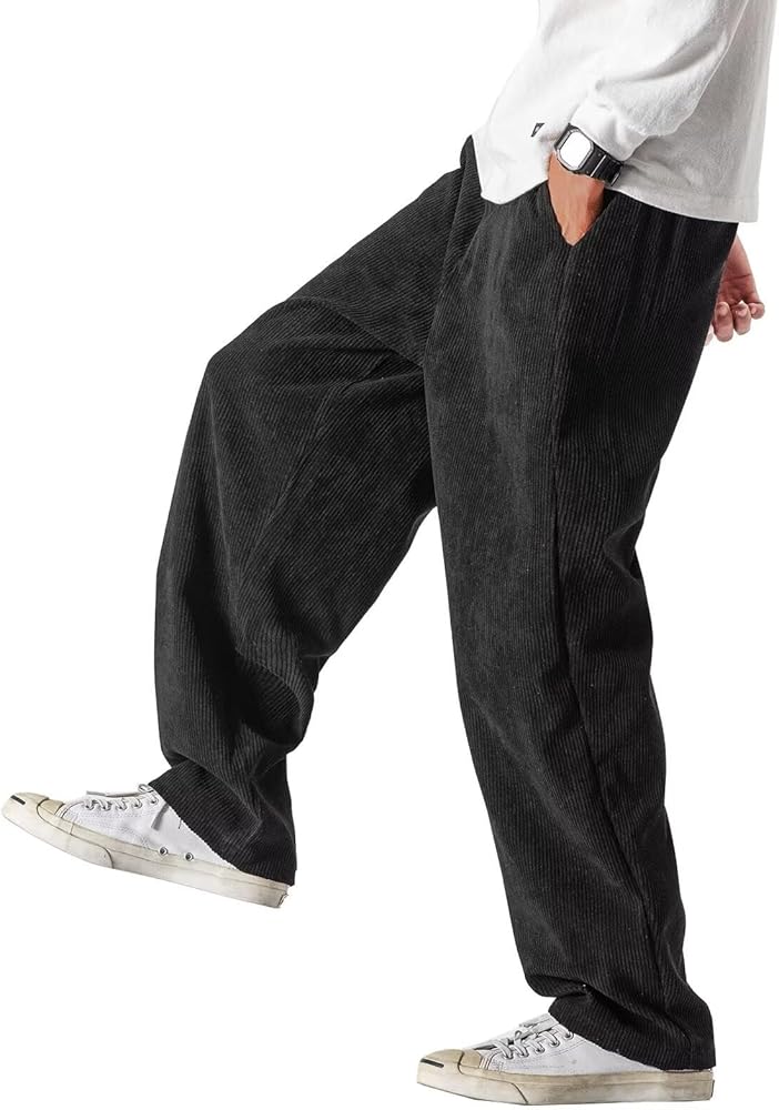 HALOMR Men's Corduroy Pants Expandable Waist Baggy Pants Casual
