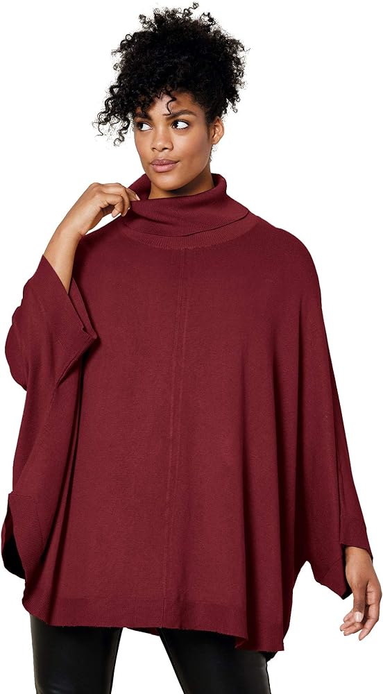ellos Plus Size Turtleneck Poncho Sweater - S/1X, Maroon Red at