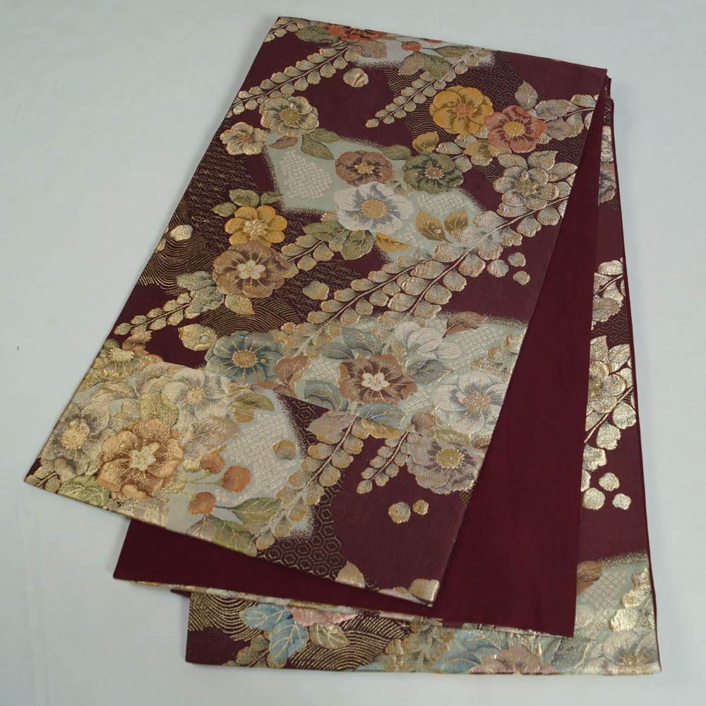 Amazon | 袋帯 辻が花模様 金通し 膨れ織 六通柄 金銀糸 葡萄茶色系