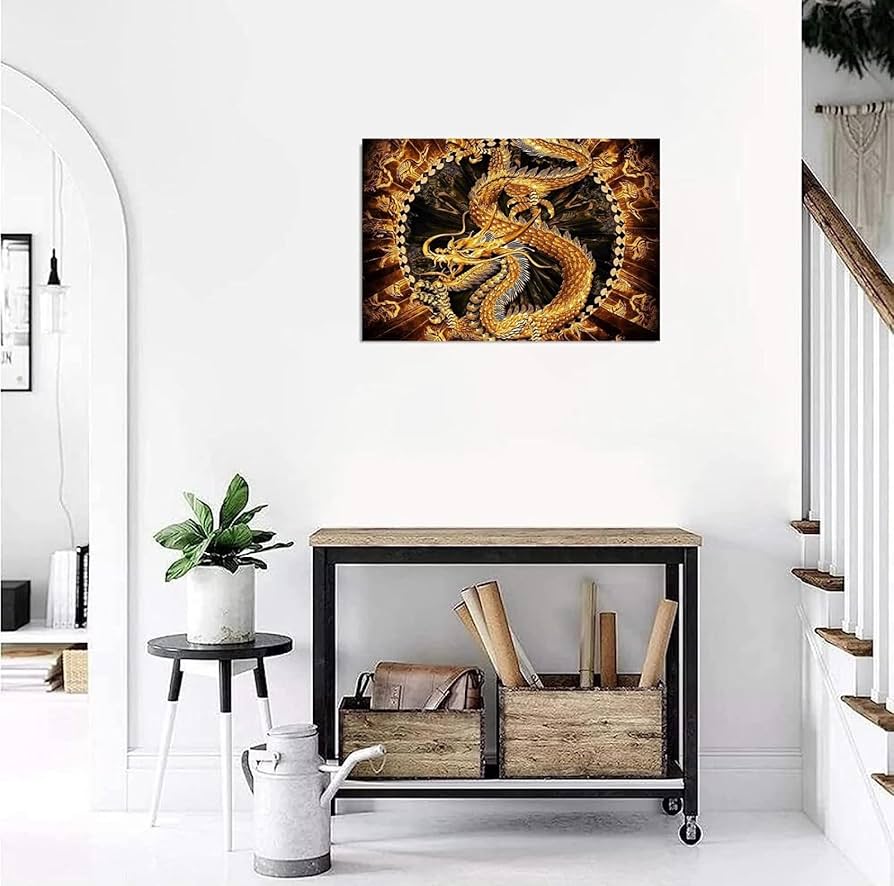 Amazon.co.jp: キャンバス絵画 昇運 幸運 黄金のドラゴン アートパネル