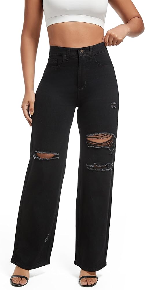 Aodrusa Wide Leg Black Jeans Woman High Waisted Ripped Denim