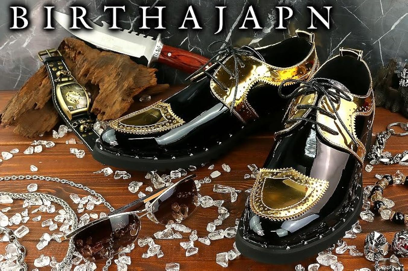 Amazon | (26.0cm) エナメル調 レースアップ ドレスシューズ 黒金 革靴