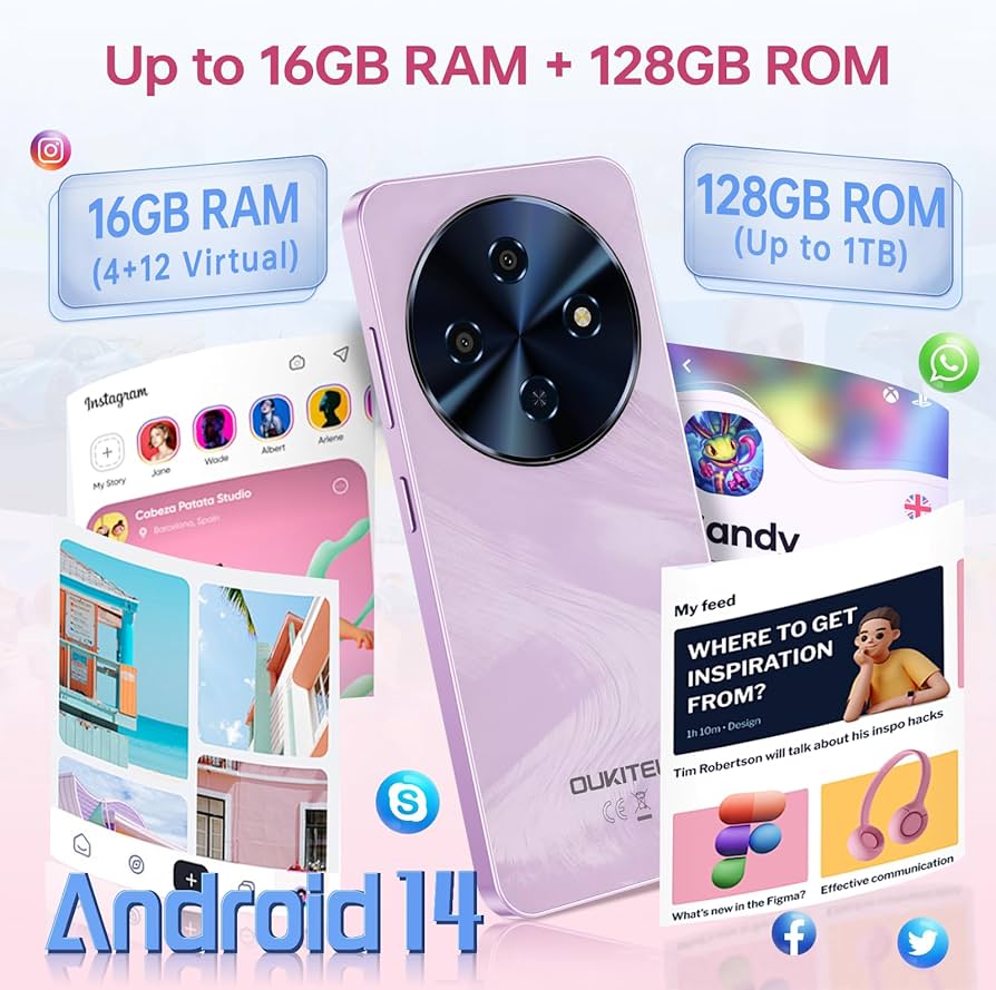 OUKITEL C5 Unlocked Cell Phone, 16GB RAM+128GB ROM/1TB Smartphone