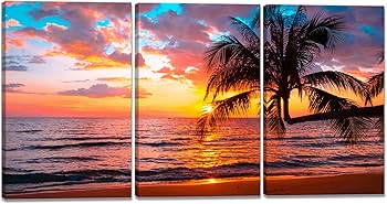 Amazon.co.jp: 3枚 パネル 海 ビーチ 夕日 風景画 絵画 写真 太陽 自然