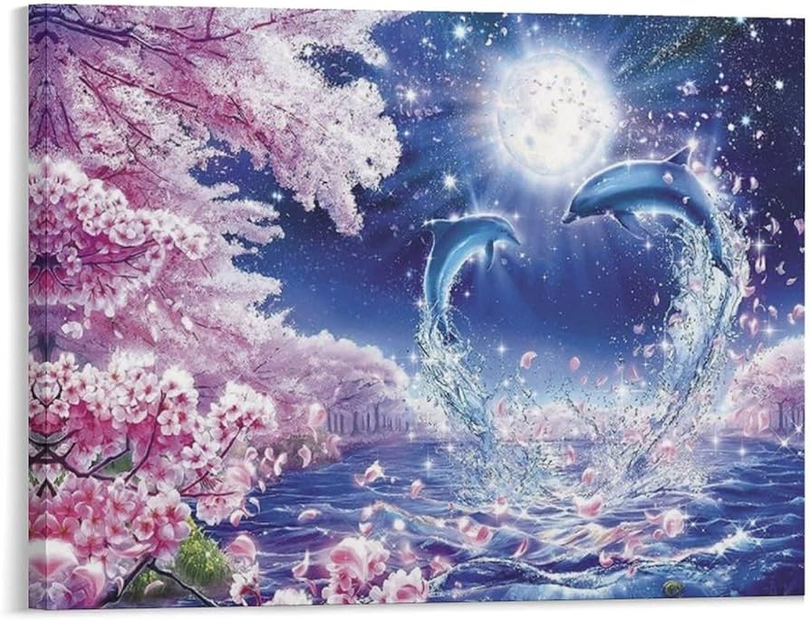 Amazon.co.jp: 絵画 イルカ カップル ピンク 桜 ハートインテリア 絵画