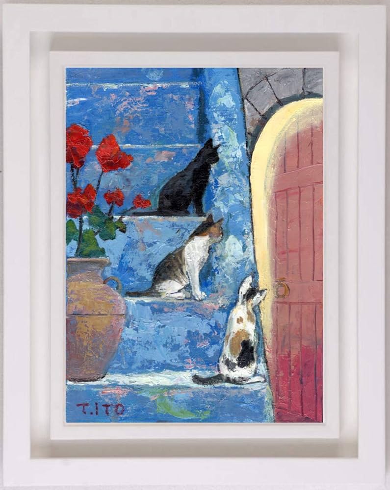 Amazon | 伊東拓実 「猫のいる風景」 猫 絵画 油絵 額付き | 版画