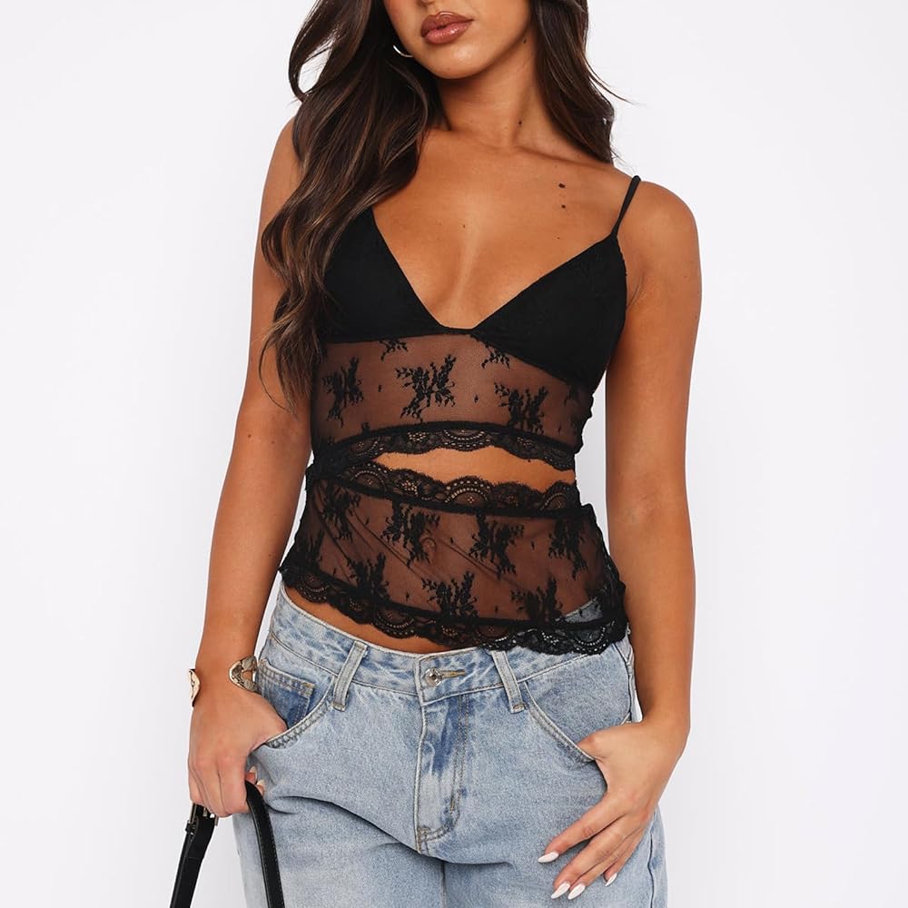 NUFIWI Women Y2k Lace Cami Tank Top Floral Mesh Spaghetti Strap