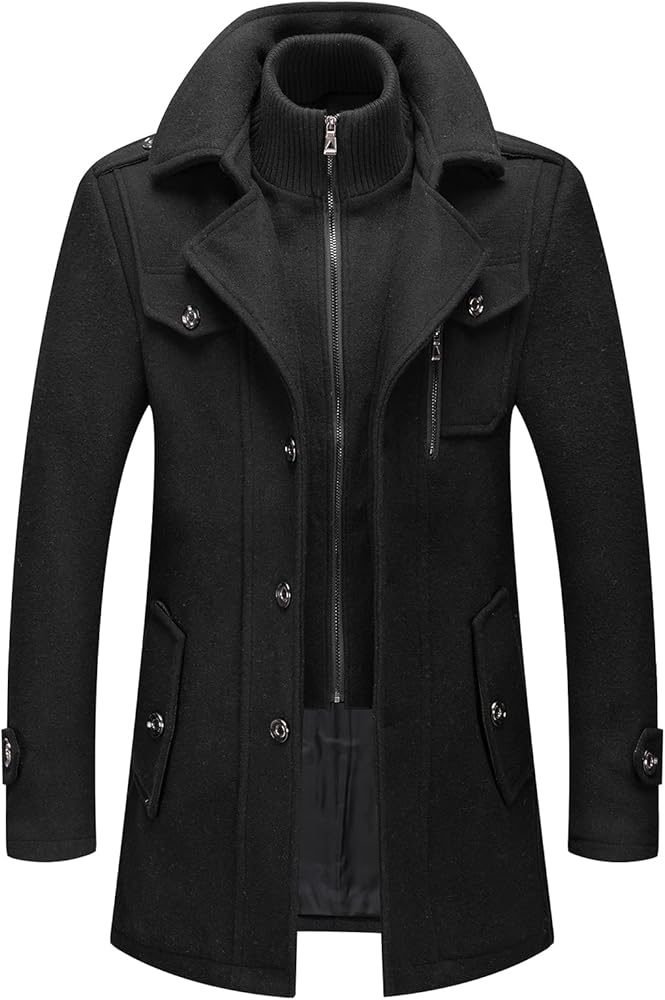 INVACHI Men's Wool Blend Coat Double Collar Trench Coat Single