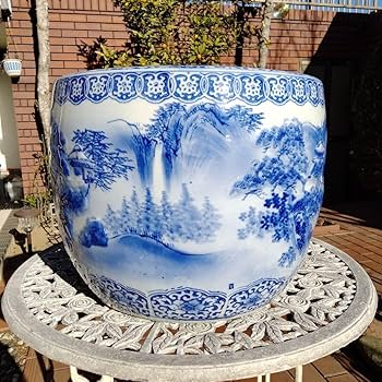 Amazon | 中国骨董 旧家蔵陶磁器 青花染付手絵山水紋大鉢 火鉢、金魚鉢