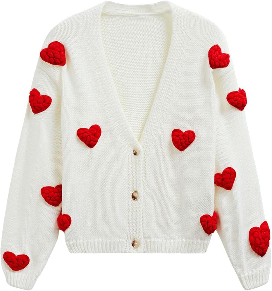 CHICWISH Women 3D Heart Open Front Cardigan Sweaters V-Neck Casual