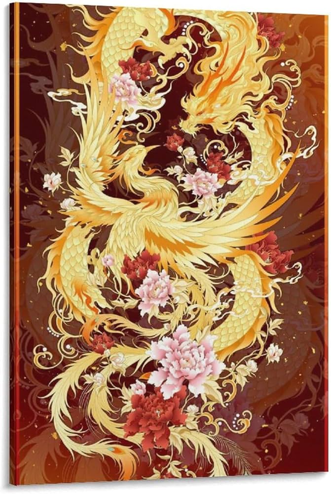 Amazon.co.jp: 絵画 龍と鳳凰が吉兆を演出インテリア 絵画 黄金の龍と