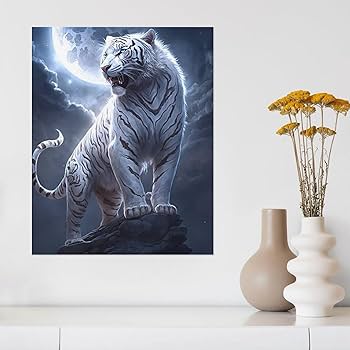 Amazon.co.jp: 絵画 岩の上に立つホワイトタイガーインテリア 絵画