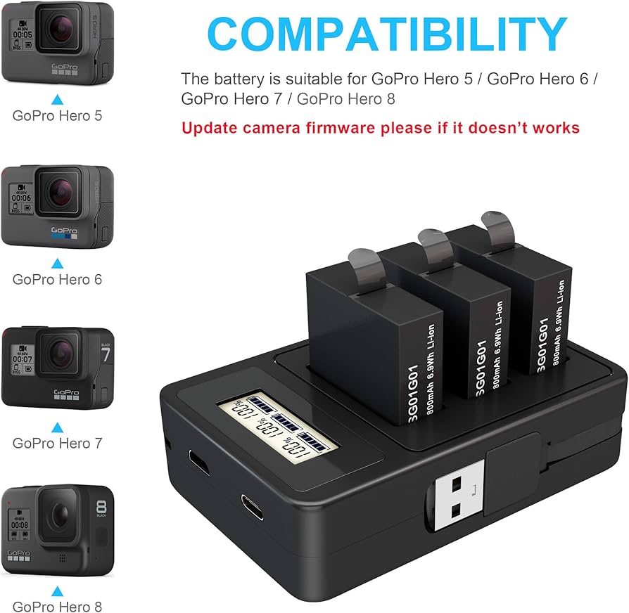 2 Pack Replacement Battery for Gopro Hero 8 Quick Charger