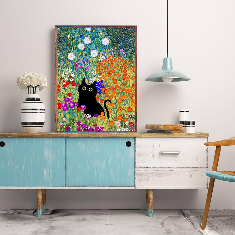 キャンバス油絵 専用 黒猫ガーデン 3 クリムト風フラワーガーデン
