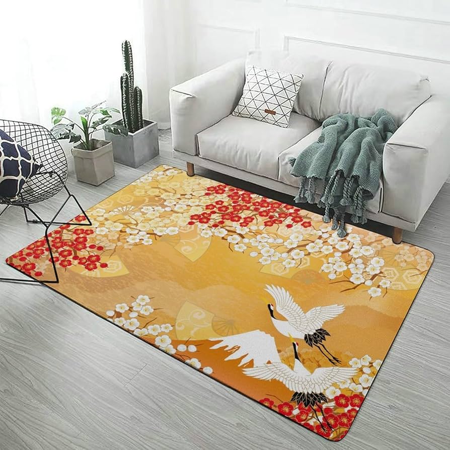 Amazon | カーペット 金色 ツル 鶴 和風 和柄 絨毯 ラグ ラグマット