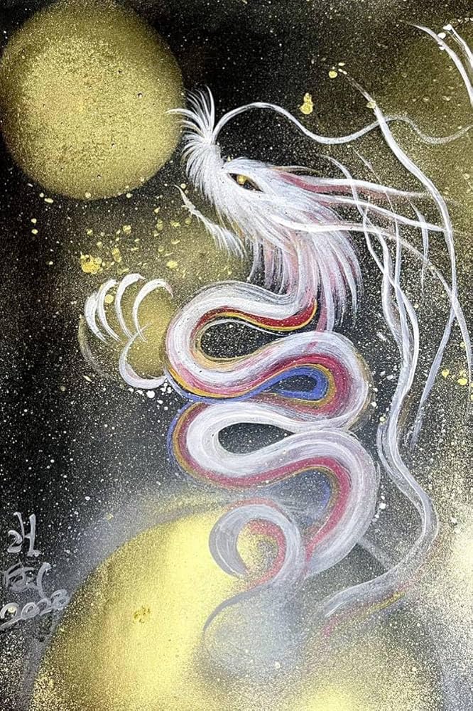 A2⭐︎354【白龍蓮池図】月夜の浄光【風景画】【神獣画】 A2⭐︎354