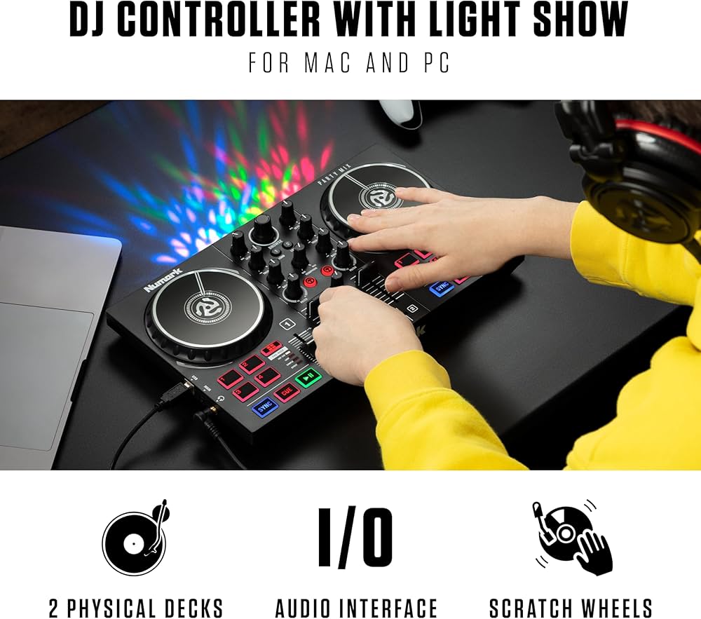 Numark Party Mix DJ Controller with Lights, 2 Decks, Mixer, Audio