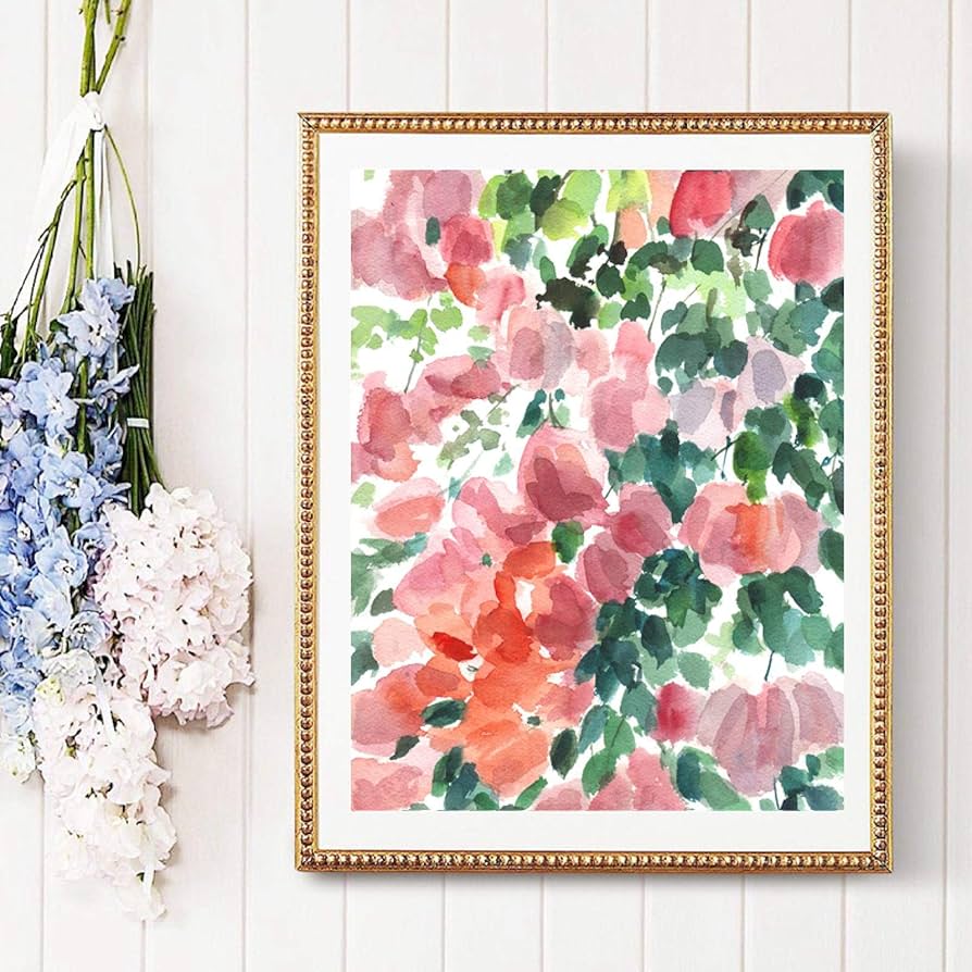 Amazon.co.jp: 抽象絵画花はピンクグリーンの美しい水彩画の花の