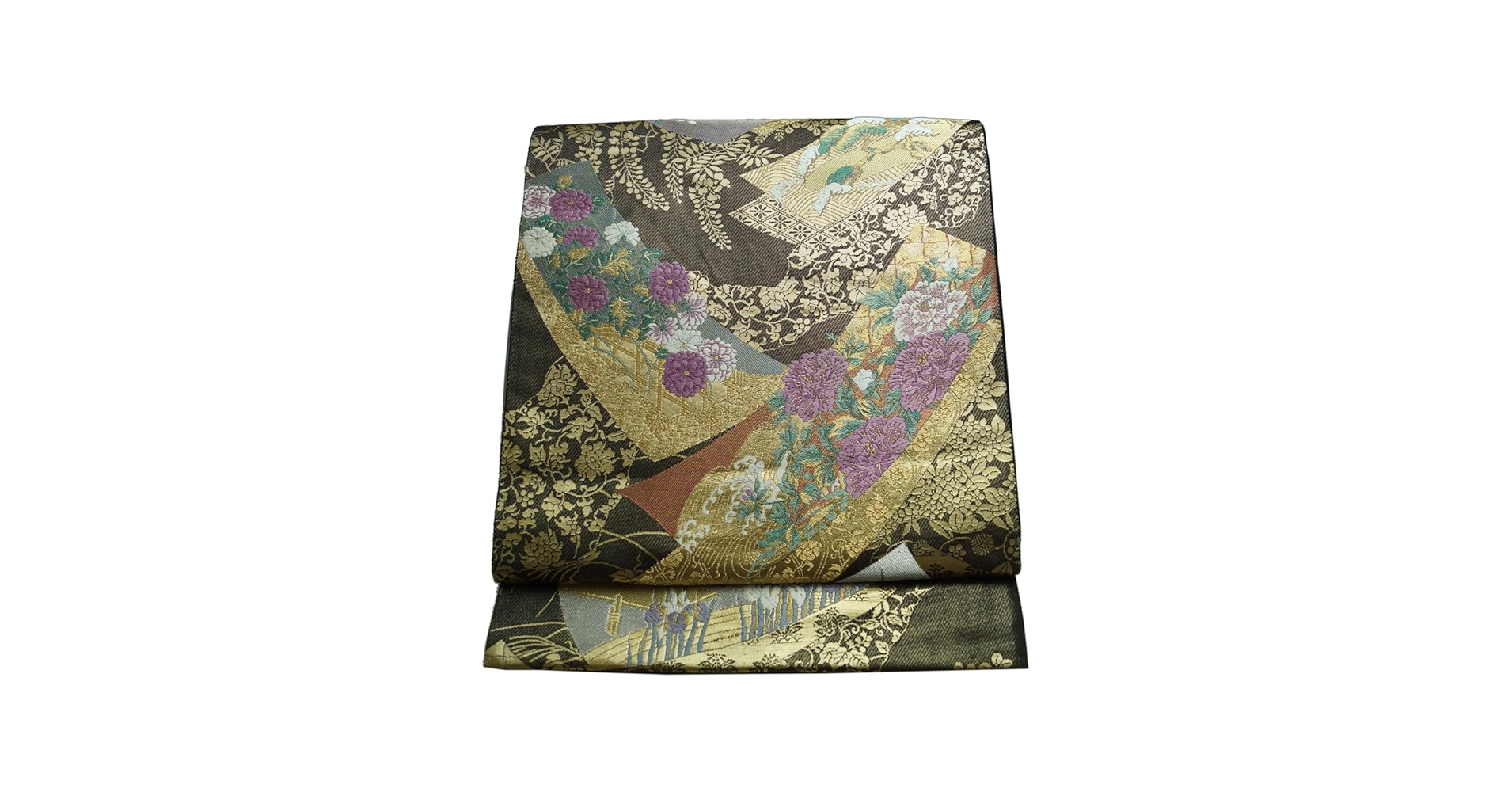 Amazon | 袋帯 じゅらく 帝王紫 短冊に春秋百花模様 黒色 金箔 金糸