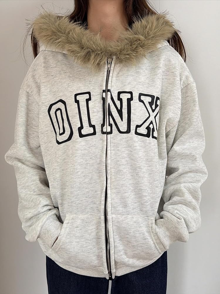 OANTGM Y2k Zip Up Hoodie Fur Jackets Emo Grunge Crop Winter Coats