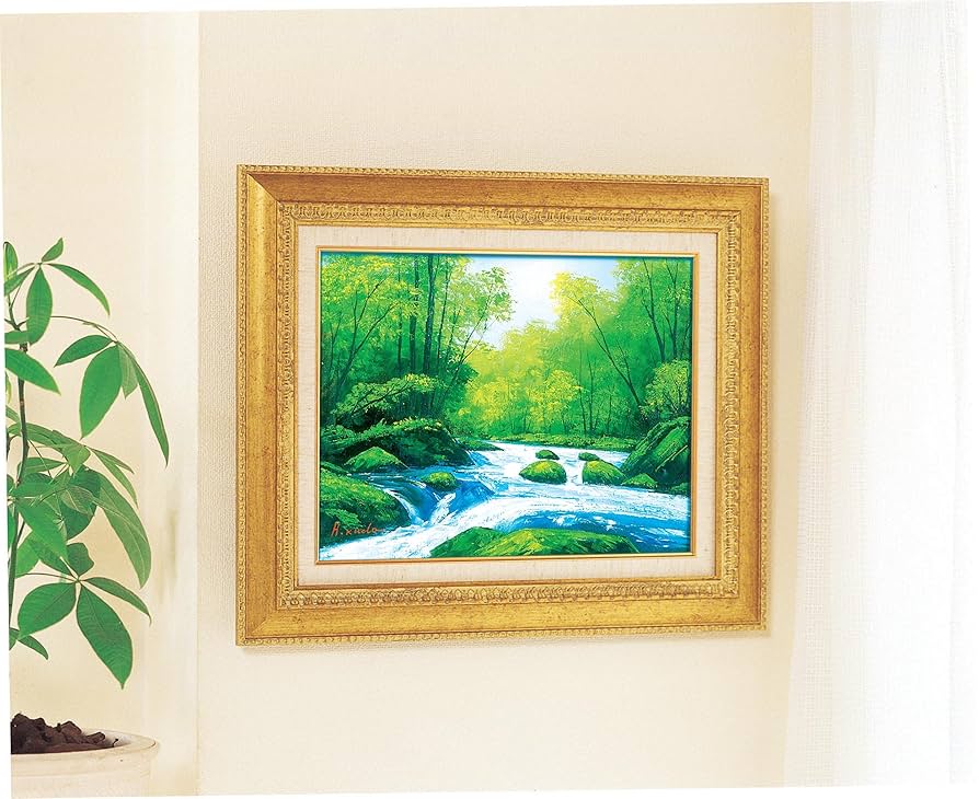 油絵 菅家令子絵 絵画インテリア額付(青緑＋金色の枠)F4-071820