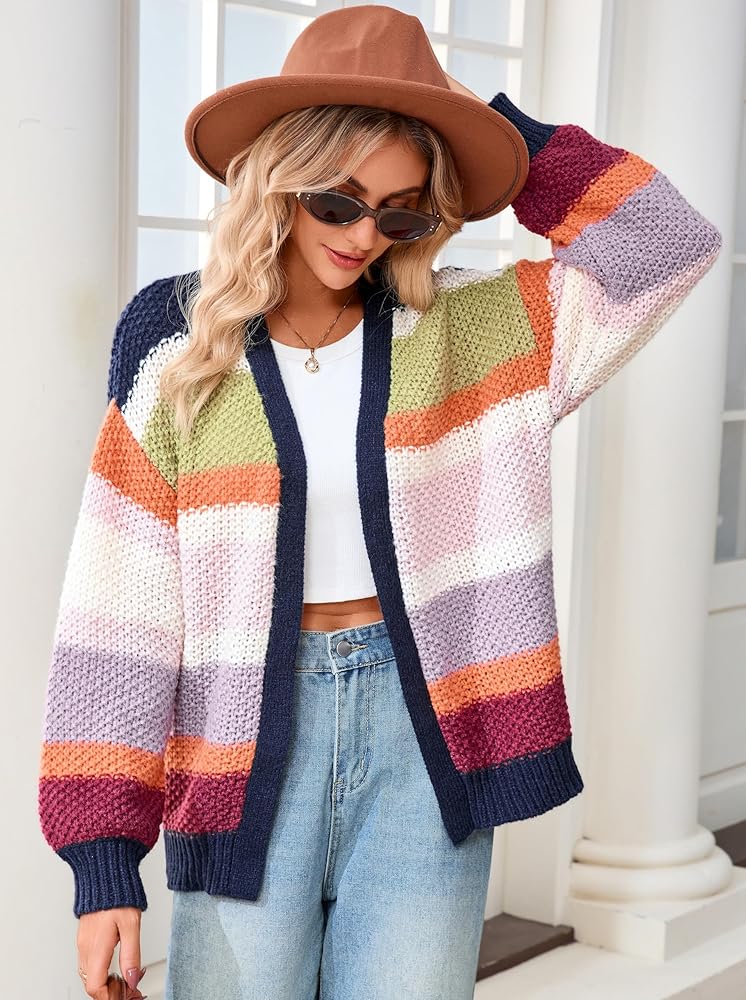 YEXPINE Womens Striped Chunky Cardigan Sweaters Oversized Open