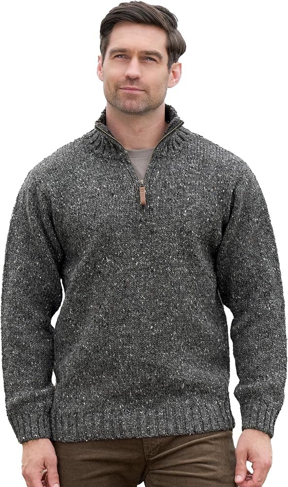 Aran Crafts Men's Irish Cable Knitted Donegal Wool Half Zip