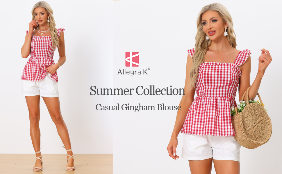 Allegra K Gingham Peplum Top for Women Halloween Summer Square
