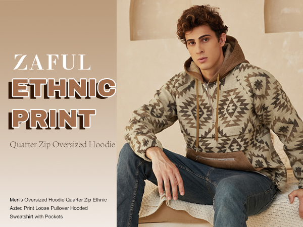 Amazon.com: ZAFUL Men's Oversized Hoodie Quarter Zip Ethnic Aztec