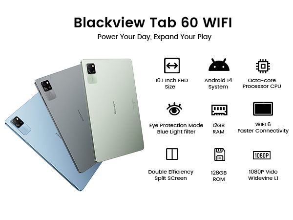 Blackview Tab 60 WiFi Tablet Android 14 Eye Comfort Mode, 10.1