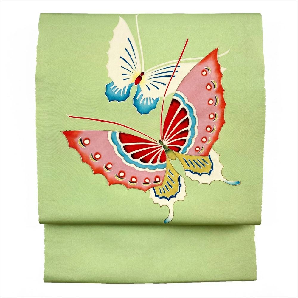 中古）名古屋帯 浅緑 カジュアル 名古屋仕立て 塩瀬 染め 金彩 蝶