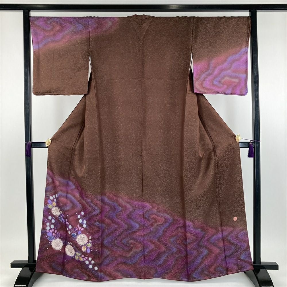 中古）久保田一竹 訪問着 茶 臙脂色 紫色 フォーマル 金通し 染め