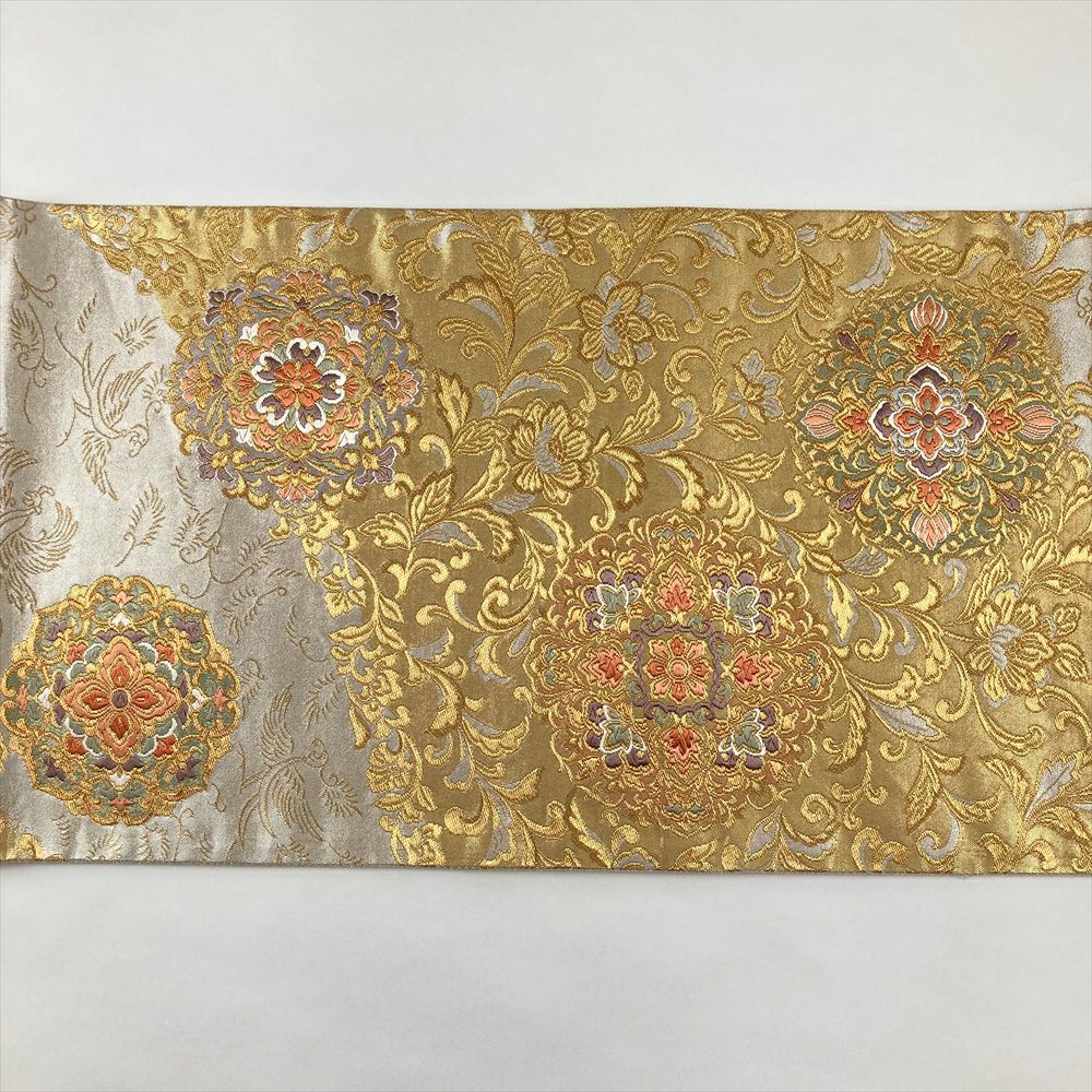 中古）袋帯 金 銀 フォーマル 六通 金糸 引き箔 天平文様 絹