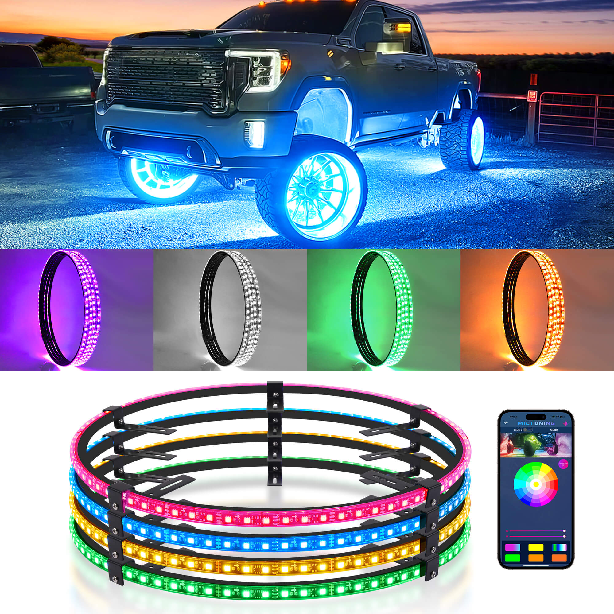MICTUNING 15.5'' RGBW LED Wheel Ring Lights 4pcs Neon Wheel Rim