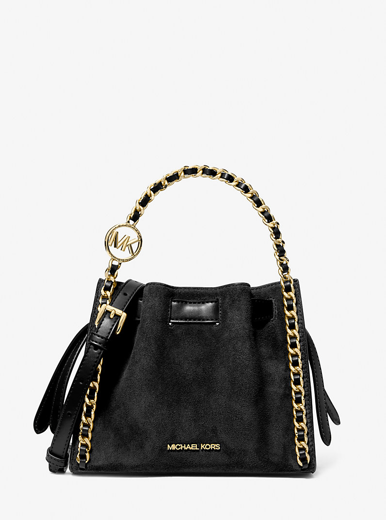 Mina Small Suede Logo Chain Crossbody Bag in BLACK - Sale